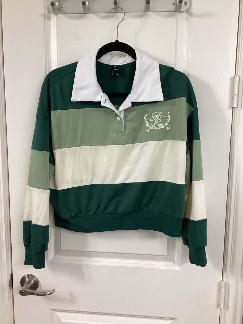 Cider Green Panel Colorblock Embroidered Long Sleeve Rugby Polo Sweatshirt